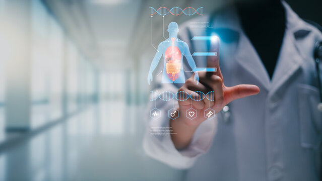 Medicine doctor touching electronic medical record on tablet. DNA. Digital healthcare and network connection on hologram modern virtual screen interface, medical technology and network concept.