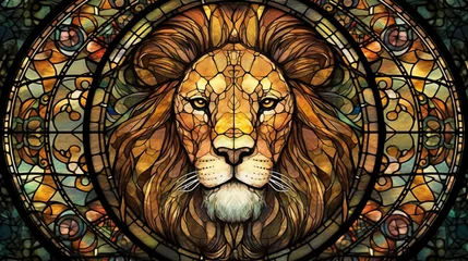 Papier Peint photo Coloré Illustration in stained glass style with a lion on a dark background. generative AI