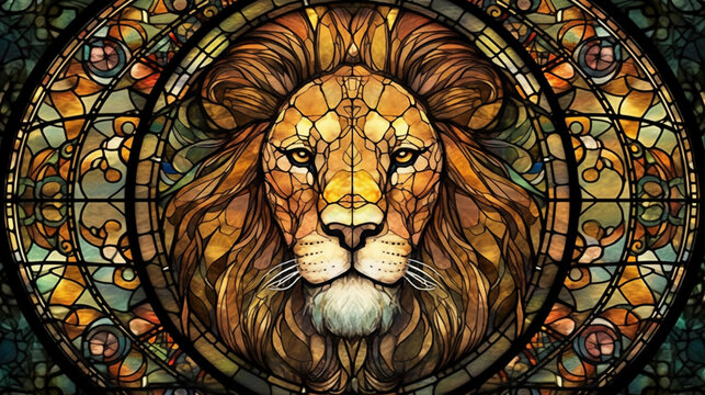 Illustration in stained glass style with a lion on a dark background. generative AI
