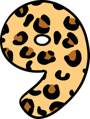 Cute Leopard Number Nine Doodle for Kids. safari Hand Drawn Outline Illustration.