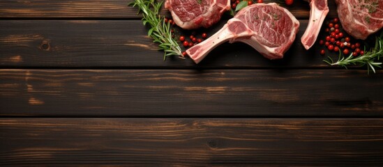 Fresh lamb cutlet with organic meat steak set, placed on an old dark wooden table background and...