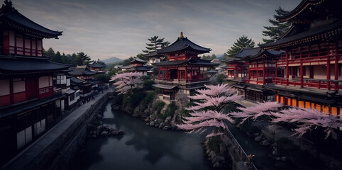 Beautiful japanese pagoda surrounded by blooming cherry blossoms