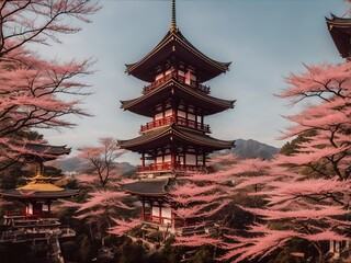 Beautiful japanese pagoda surrounded by blooming cherry blossoms
