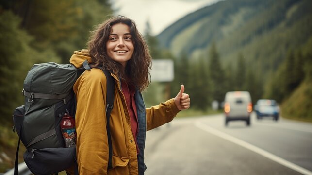 beautiful millennial woman in casual clothes hitchhiking