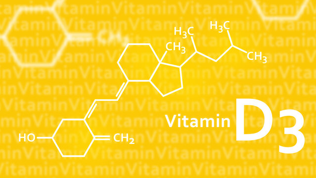 Vitamin D3. Immune drugs. Omega stuff. Vitamin D3 formula. Product containing fish oil. Medical food supplements. Vitamin D3 logo on yellow. Medicine for health care. Medical backdrop. 3d image