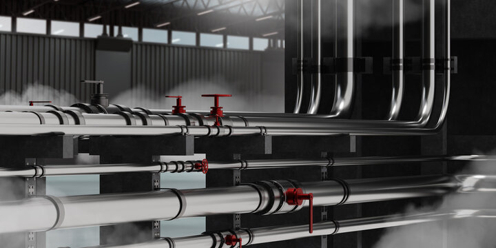 Industrial background. Pipes inside factory. Pipeline in chemical plant. Steel pipes with steam. Boiler equipment. Industrial hangar. Boiler system for factory. Pipes with valves close-up. 3d image