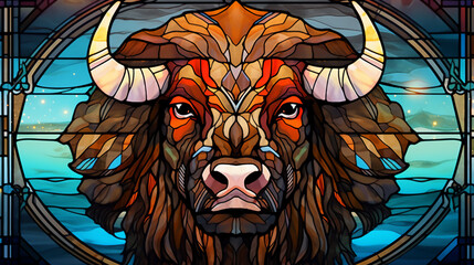 Illustration in stained glass style with a head of a buffalo. generative AI