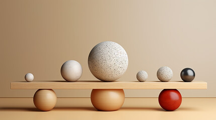Wooden scale balancing with one big ball and one small ball. Harmony and balance concept.