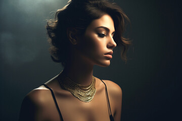 portrait of a woman with bare shoulders and jewelry on her neck on a light background, dark light photography