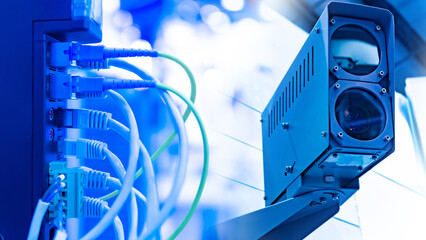 Video surveillance system. Camera near router with wires. Sulfur equipment for CCTV. Tracking...