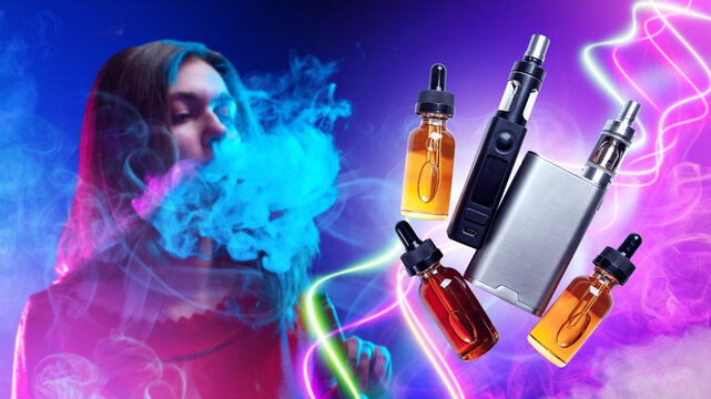 Woman vaper. Girl smokes vape. Lady near devices for smoking vape. Vaping pens. Electronic cigarette. Girl vaper on purple. Woman smokes vape to quit tobacco. Alternative to smoking nicotine