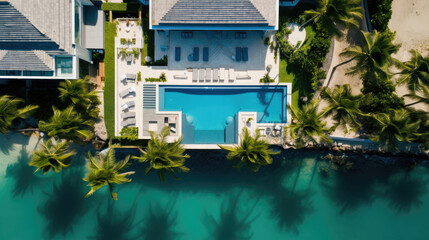 Top view of beach house with palm trees and pool - obrazy, fototapety, plakaty
