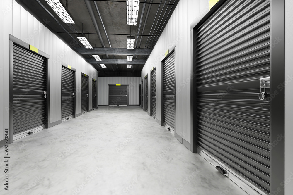 Aufkleber self storage. warehouse corridors with black gates. doors to self storage are closed. warehouse buil