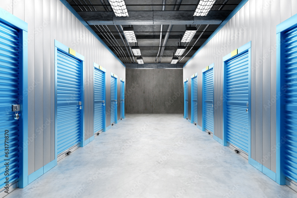 Aufkleber warehouse for safekeeping. background with self storage. corridor with blue shutters. gates to self 