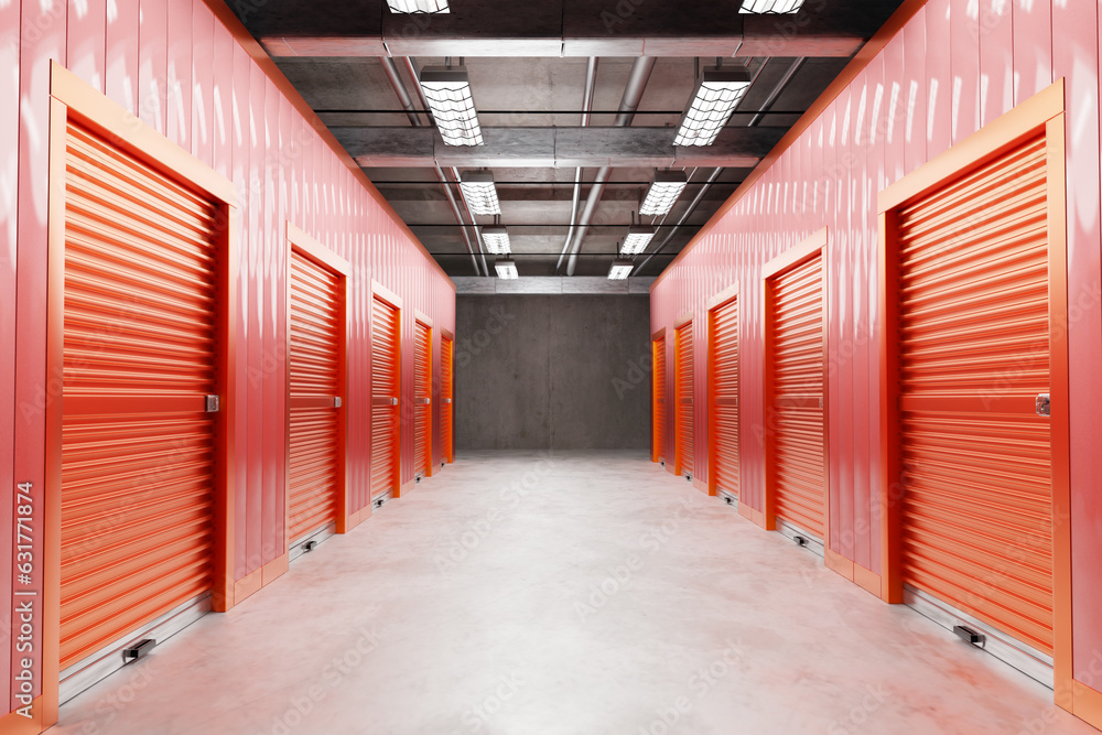 Poster rental storage container. rooms with roller shutters. warehouse corridor. entrances to storage conta