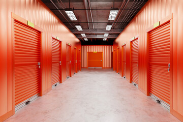 Warehouse storage. Interior of industrial building. Warehouse corridor with orange walls. Storage cells are closed. Rooms for safekeeping personal belongings. Warehouse storage rent concept. 3d image