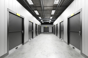 Warehouse background. Several self storage in row. Room with closed black gates. Warehouse hangar....