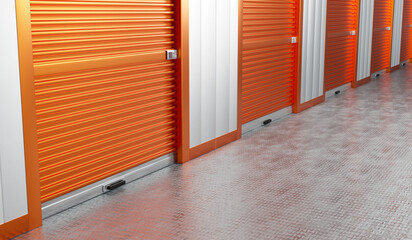 Obraz na płótnie Canvas Warehouse space. Corridor with orange shutters. Warehouse space interior with lifting gates. Entrances to storage rooms are closed. Background with warehouse space. Realistic style. 3d image