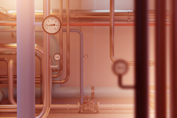 Pipes with manometers. Industrial backdrop. Boiler room in factory. Basement with piping....