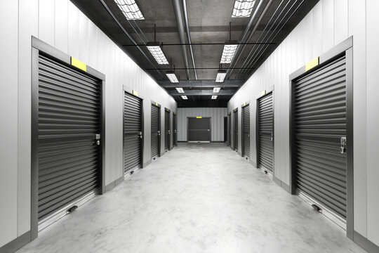 Warehouse background. Several self storage in row. Room with closed black gates. Warehouse hangar. Self storage for rent. Warehouse interior. Backdrop for self storage auction site. 3d image