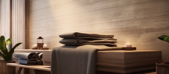 The treatment room at the health spa has head rests and towels on the massage tables. copy space...