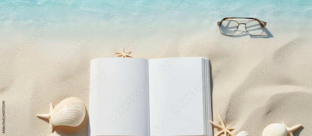 Poster a flat lay of a blank writing book with summer beach accessories in the background. copy space avail
