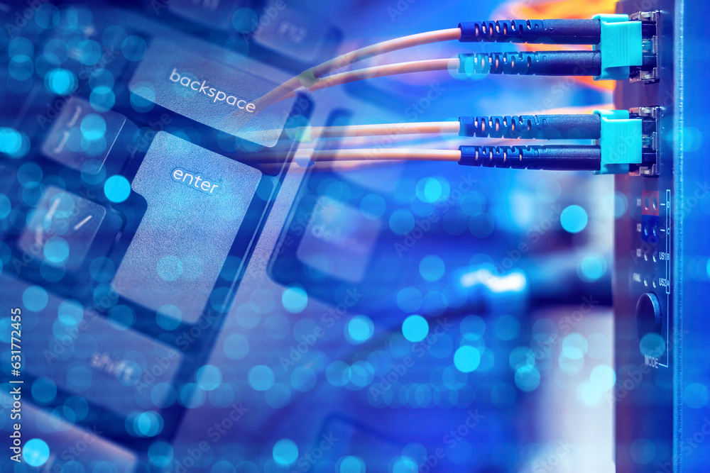 Poster network infrastructure. wires near keyboard. internet equipment. internet provision. network fiber o