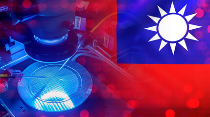 Microelectronics from Taiwan. Microchips production. Flag republic Taiwan. Machine for manufacture digital circuit boards. Factory for production microchips. Import microchips from Taiwan. 3d image