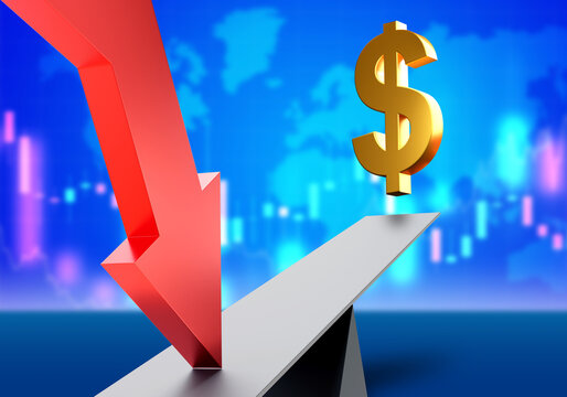 Dollar growth. Swing with USD symbol. Rise in value of American currency. Increase in price of dollar. USD fluctuations on stock exchange. Dollar sign near world map. USD trading. 3d image