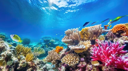 Zelfklevend Fotobehang Ocean coral reef underwater. Sea world under water background. Beautiful view of sea life. Ecosystem. AI photography.. © Оксана Смышляева