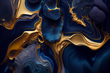 Luxurious modern 3d wallpaper. Abstract marble fluid art background. Blue and gold colors