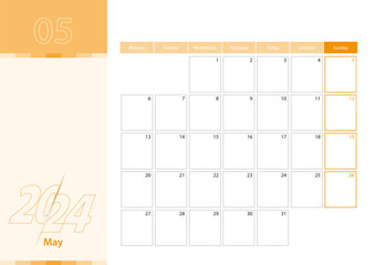 Horizontal planner for May 2024 in the orange color scheme. The week begins on Monday. A wall calendar in a minimalist style.