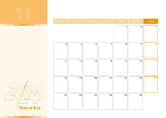 Horizontal planner for November 2024 in the orange color scheme. The week begins on Monday. A wall calendar in a minimalist style.
