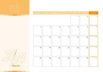 Horizontal planner for March 2024 in the orange color scheme. The week begins on Monday. A wall calendar in a minimalist style.