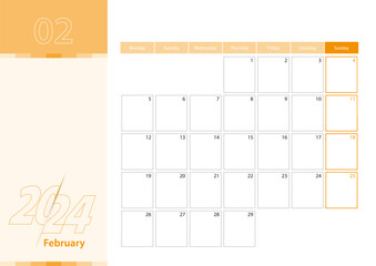 Horizontal planner for February 2024 in the orange color scheme. The week begins on Monday. A wall calendar in a minimalist style.