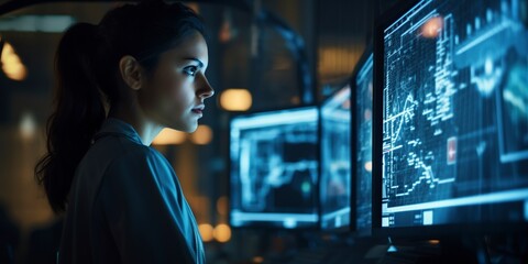 young caucasian female aerospace engineer monitoring the computer