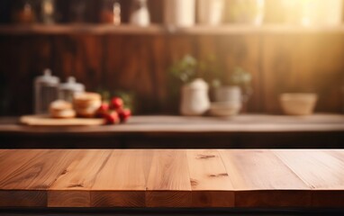 Fototapeta na wymiar Wooden Table with Blurred Kitchen Background, Generative Ai