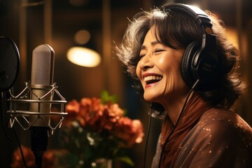 Beautiful woman recording a song in record studio, singing, expressing her talent as a singer with headphones on. Generative AI