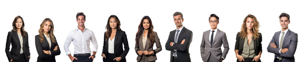 Collection of diverse young business people isolated on transparent white background. Men and women - obrazy, fototapety, plakaty