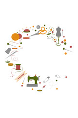 Set of sewing elements. Needle with thread. Handmade icons set sewing, needlework, knitting. Vector illustration. Frame from embrodery and sewing items.