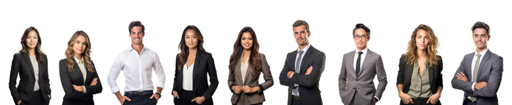 Collection of diverse young business people isolated on transparent white background. Men and women