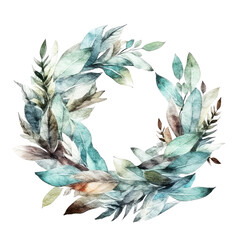 Laurel wreath green leaves painted with watercolor isolated on white transparent background.