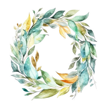 Round border outline with leaf laurel wreath ribbon clip art