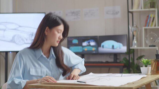 Asian Female Walking To Sit Down And Working On A Paper About Car Design Sketch In The Studio With Tv And Computers Display 3D Electric Car Model 

