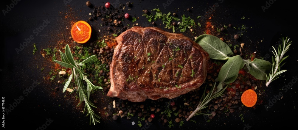 Poster grilled ribeye beef steak with herbs and spices, seen from above with space for your text.