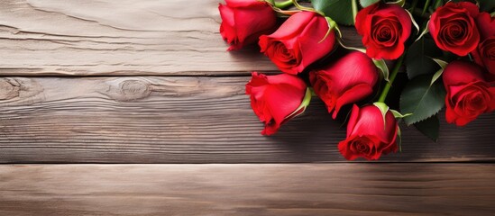 Naklejka na ściany i meble Printed on an old rustic wooden table is a close-up image of a bouquet of red roses, along with a white sheet of paper. is suitable for occasions like Valentine's Day, Mother's Day, weddings
