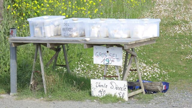 Stall of direct sell of coarse salt in the salt marshes of the natural reserve of Lilleau des Niges on the Ile de Ré island in France