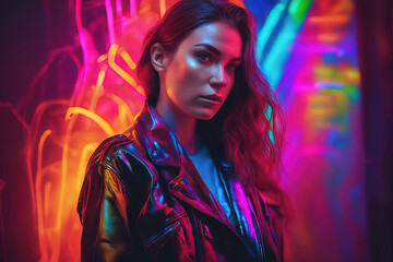 beautiful young woman with neon lights