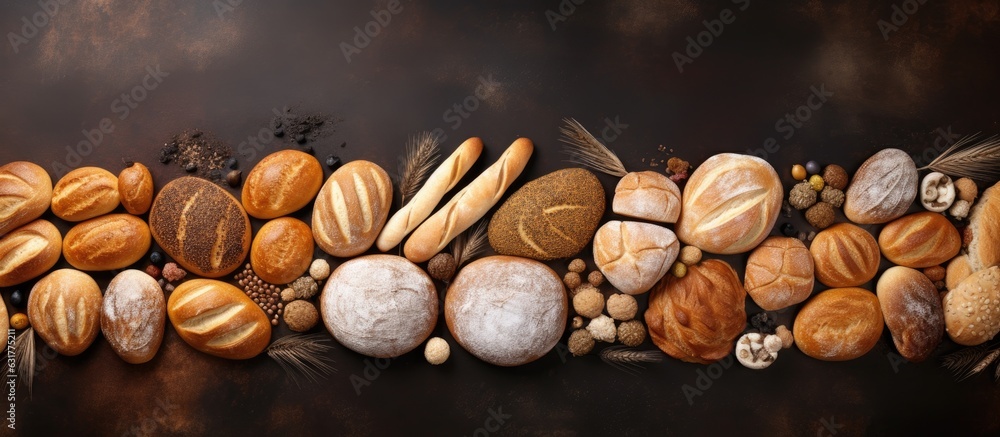 Leinwandbilder various types of crusty bread and buns arranged on a stone table, seen from the top, with enough spa