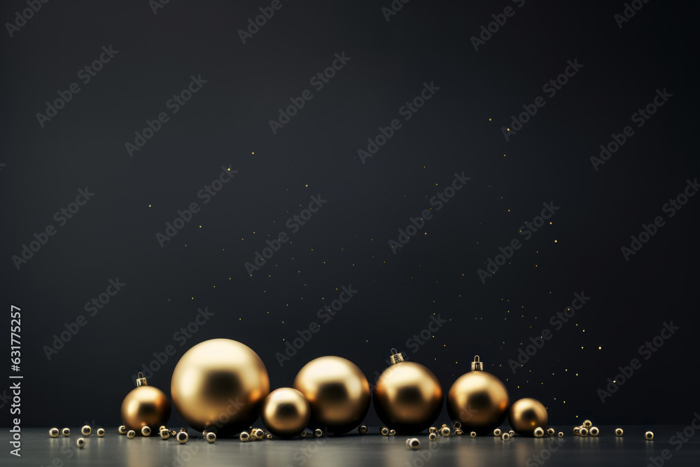 Wall mural Christmas and New Year holiday background. Xmas greeting card. Golden Christmas decoration on a black background. Noel. Generative AI.